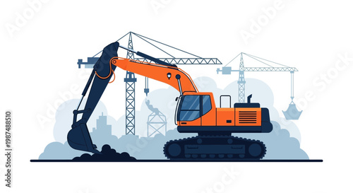 Construction Machinery At Work With Cranes And Digging Actions On A New Project