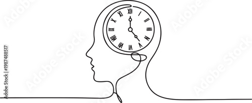 Quadro em tela Human head profile with clock inside mind single line art