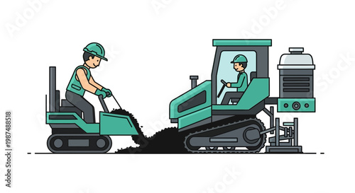 Construction Machinery in Operation, Paving Asphalt Surface with Tracked Vehicles and Workmen