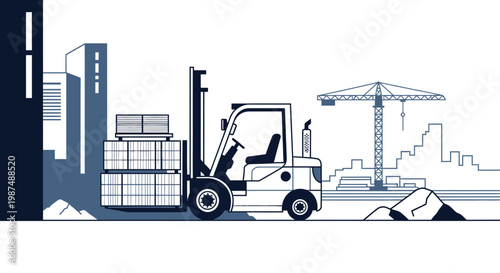 Construction Site Illustration: A Forklift Operating With Buildings and Crane in Background