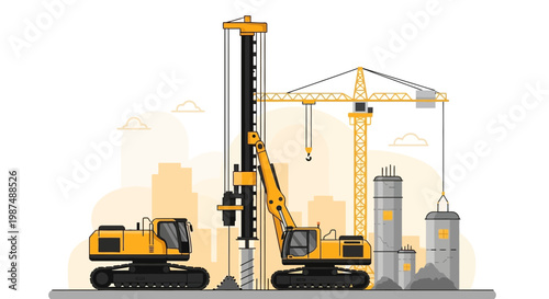 Construction Site Illustrated with Various Industrial Machinery and Development Processes