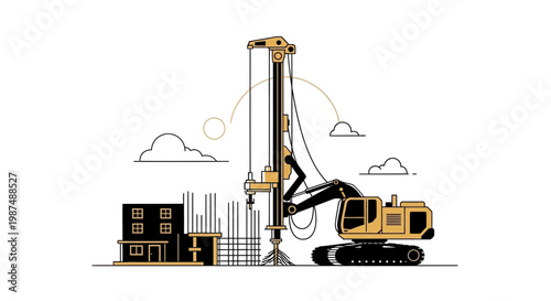 Construction Machinery Drilling Near Buildings with Linear Elements Against a White Background