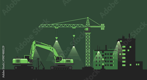Construction Site Illustration Against a Dark Greenery Backdrop Showcasing City Architecture
