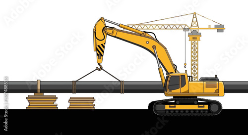Construction Machinery Lifting Large Pipe Section with Crane and Excavator on White Background
