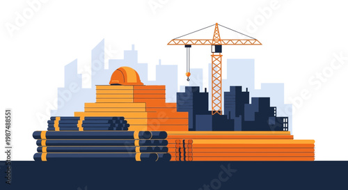 Construction Site Illustration: Building a Cityscape with Crane and Construction Elements