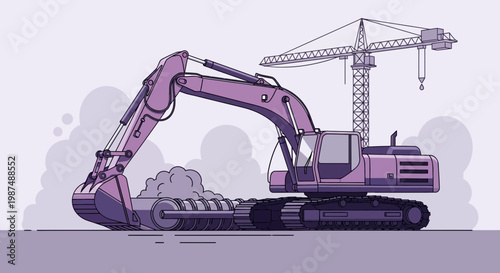 Construction Machinery With Purple Tones Illustrated, Crane and Excavator In Action