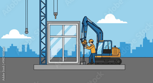 Construction Site Illustration: Building a Structure with Heavy Machinery and Workers