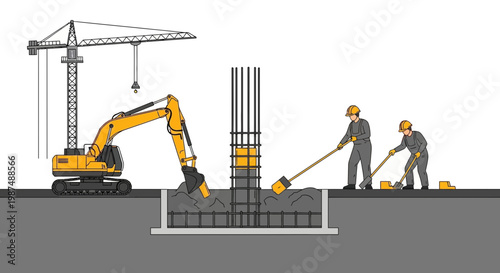 Construction Of A Building Foundation With Crane, Excavator, And Workers In Progress