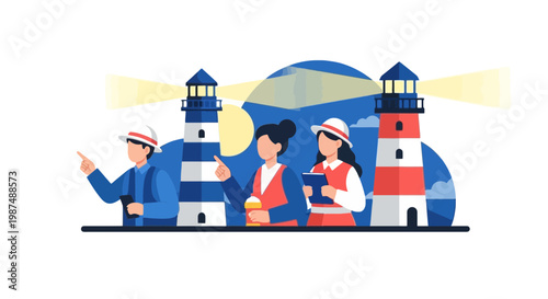 Family at Seaside with Lighthouses and Beach Scene