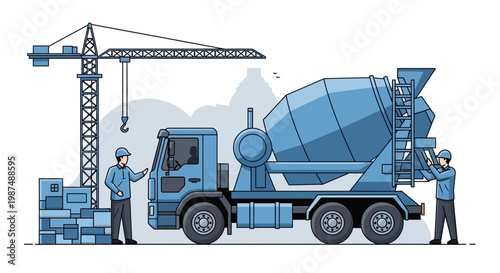 Construction Site Illustration: Cement Mixer Truck, Crane, and Builders Busy Working On Site