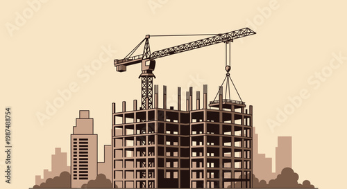 Construction Of New High-Rise Building With Crane in an Urban Environment