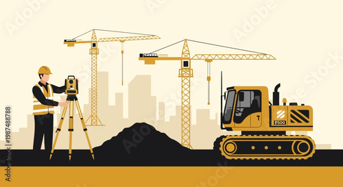 Construction Site Illustration: Engineering, Development, And Commercial Building Project