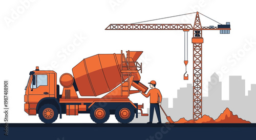Construction Site Illustration Showcasing a Cement Truck, Crane, and Worker Busy at Work