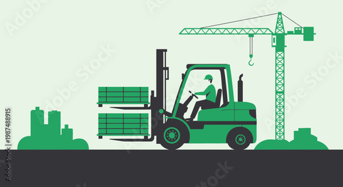 Construction Site Illustration Showcasing a Forklift and Crane, Building a Cityscape