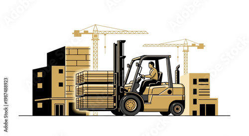 Construction Site Illustration Showcasing a Forklift Transporting Construction Materials and