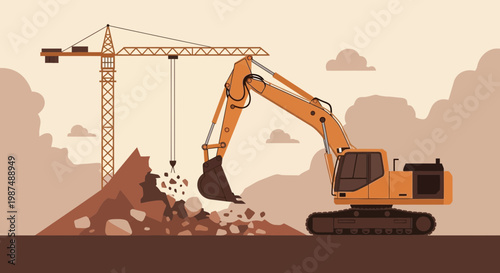Construction Site Illustration Showcasing An Excavator and A Tower Crane Working Together