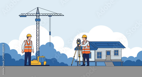 Construction Site Illustration Showcasing Builders, Machinery, and House Under Construction