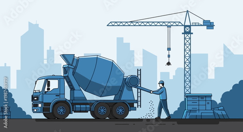 Construction Site Illustration Showcasing Concrete Mixer Truck with Cityscape Background
