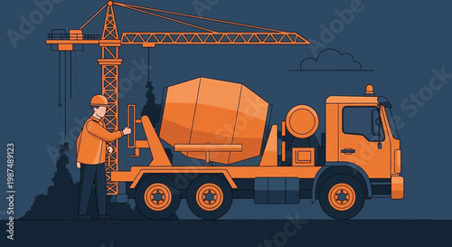 Construction Site Illustration Showcasing Concrete Mixer Truck With Crane and a Construction Worker
