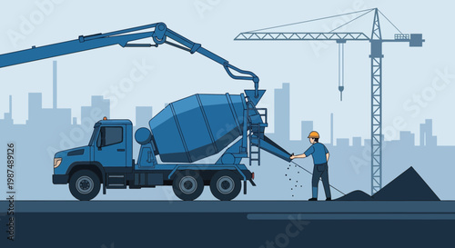 Construction Site Illustration Showcasing Concrete Mixer Truck with City Skyline Backdrop