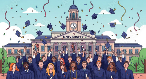 A colorful illustration of a group of graduates celebrating in front of a university building