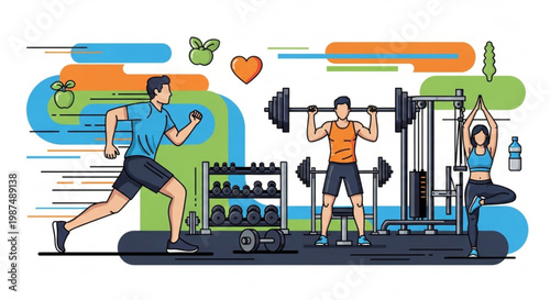 A vibrant illustration of people engaging in various fitness activities at a modern gym with exercise equipment and colorful abstract shapes.