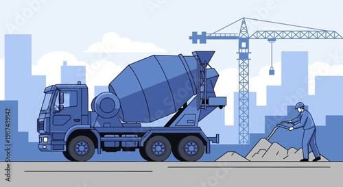 Construction Site Illustration Showcasing Concrete Mixer Truck, Crane, and Construction Worker at