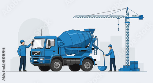 Construction Site Illustration Showcasing Concrete Mixer Truck, Workers, And Crane In Full Operation