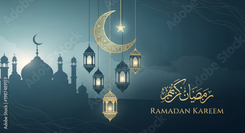 A vector graphic illustration of a Ramadan Kareem design featuring a mosque silhouette with hanging lanterns and a crescent moon