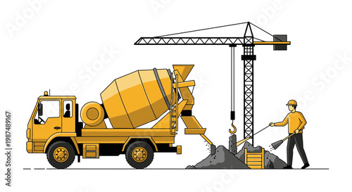 Construction Site Illustration Showcasing Concrete Mixer, Crane, and a Construction Worker