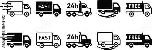 A set of black and white delivery truck icons on isolated with various labels and motion graphics for fast and free shipping concepts