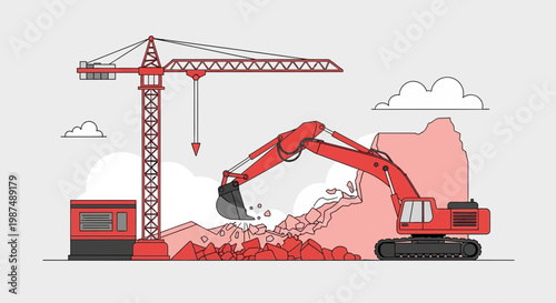 Construction Site Illustration Showcasing Crane And Excavator Underway Building Process