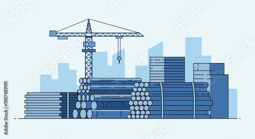 Construction Site Illustration Showcasing Crane And Metallic Structure Elements, Urbanization