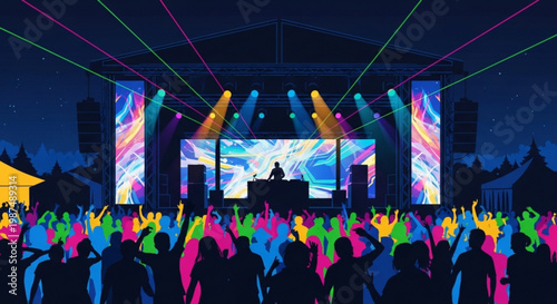 A vibrant illustration of a lively music festival with a DJ on stage and a colorful crowd of people dancing
