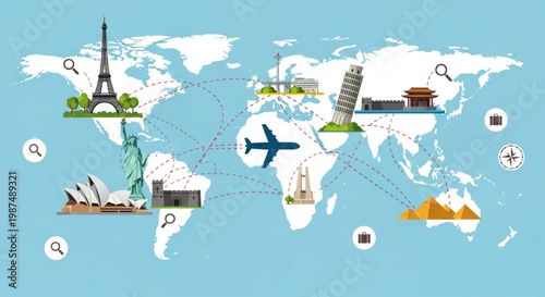 A colorful vector graphic illustration of a world map with famous landmarks and an airplane in flight.