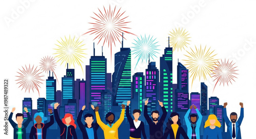 A vibrant cityscape illustration celebrating a festive occasion with fireworks and a diverse crowd of people