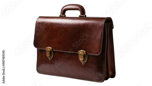 Foto Brown leather briefcase with brass clasps, isolated on transparent background