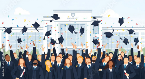 A group of graduates in caps and gowns celebrating outside a university building with confetti