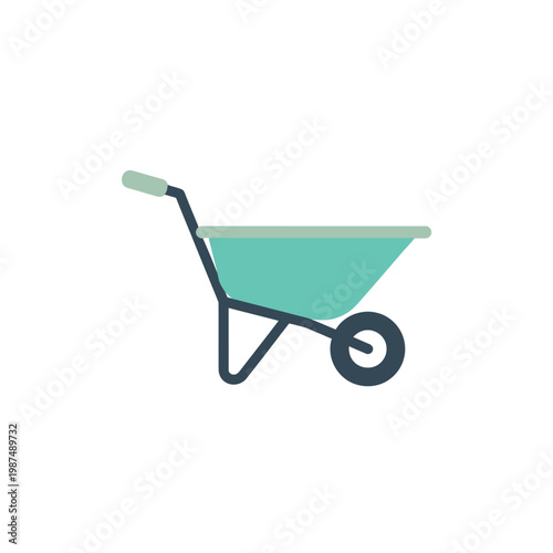 Turquoise wheelbarrow with one wheel on a white background