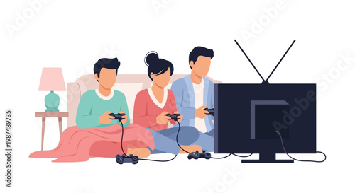 Young People Playing Video Games on Couch with TV