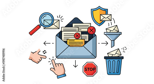 Vector illustration of spam email filtering process involving protection tools and user interaction for digital security