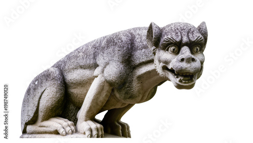 Photography Stone gargoyle sculpture with detailed face, isolated on transparent background