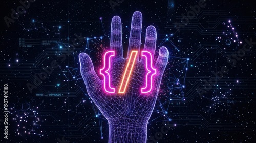 Futuristic Digital Hand Holding Glowing Pink Coding Symbol Icons
