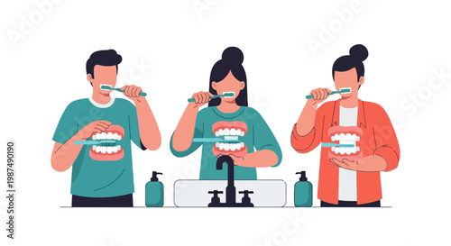 Three People Brushing Teeth in Bathroom with Dental Care Tools