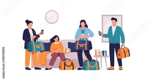 Travelers Waiting at Airport Gate with Luggage and Mobile Devices