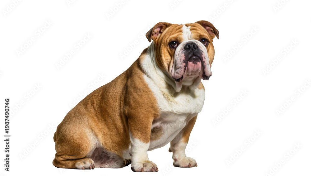 Fototapeta premium Brown and white bulldog sitting, isolated on transparent background