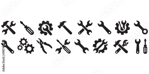 A collection of black and white tools and gears