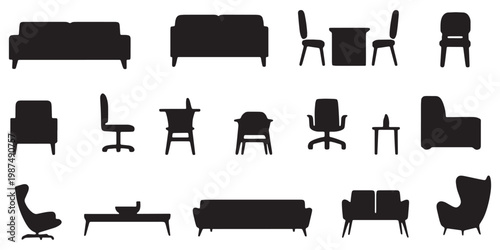 A collection of furniture silhouettes on white background