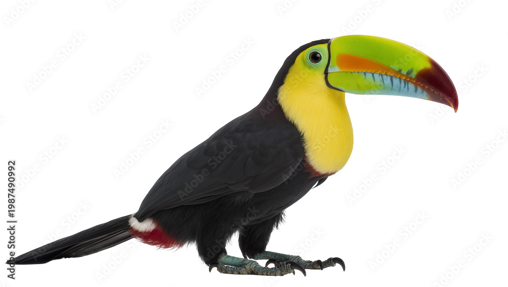 Fototapeta premium Keel-billed toucan with vibrant green orange and blue beak, isolated on transparent background