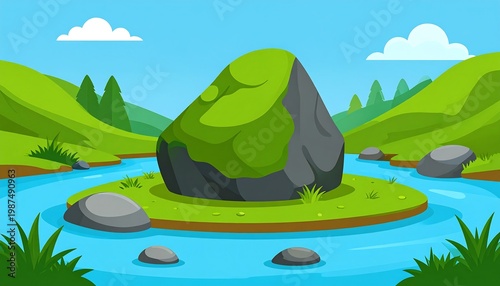 A large, dark gray rock, covered in green moss, sits in a tranquil river.  Rolling hills and trees surround a calm, looping river.  Bright, sunny day